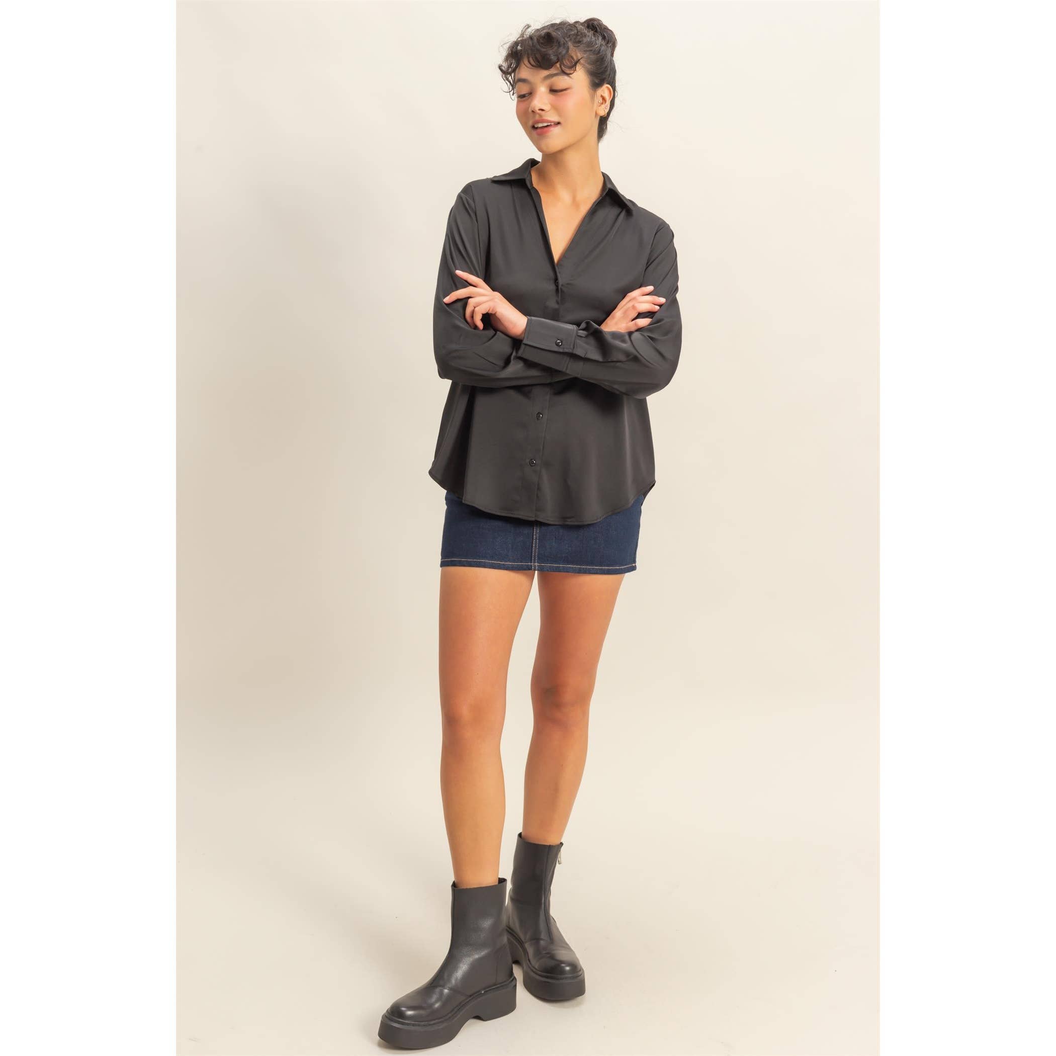 Double Zero - Wholesale Blouse - Women's - Button-Up Satin Shirt With Collared Neckline19