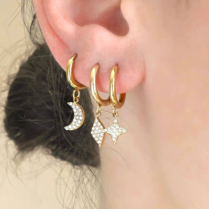 Diamond Dangle Hoops - Waterproof Celestial CZ Charm Hoops for wholesale by Blueyejewelry