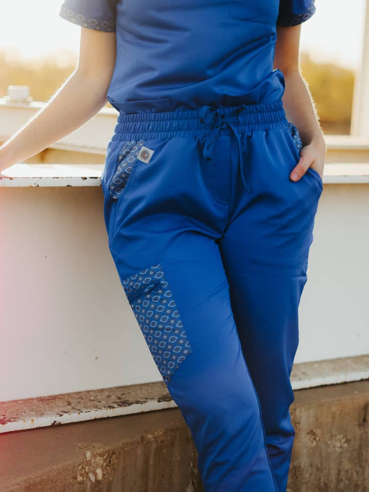 Royal Blue Aztec Pants for wholesale by Spurrin' Scrubs