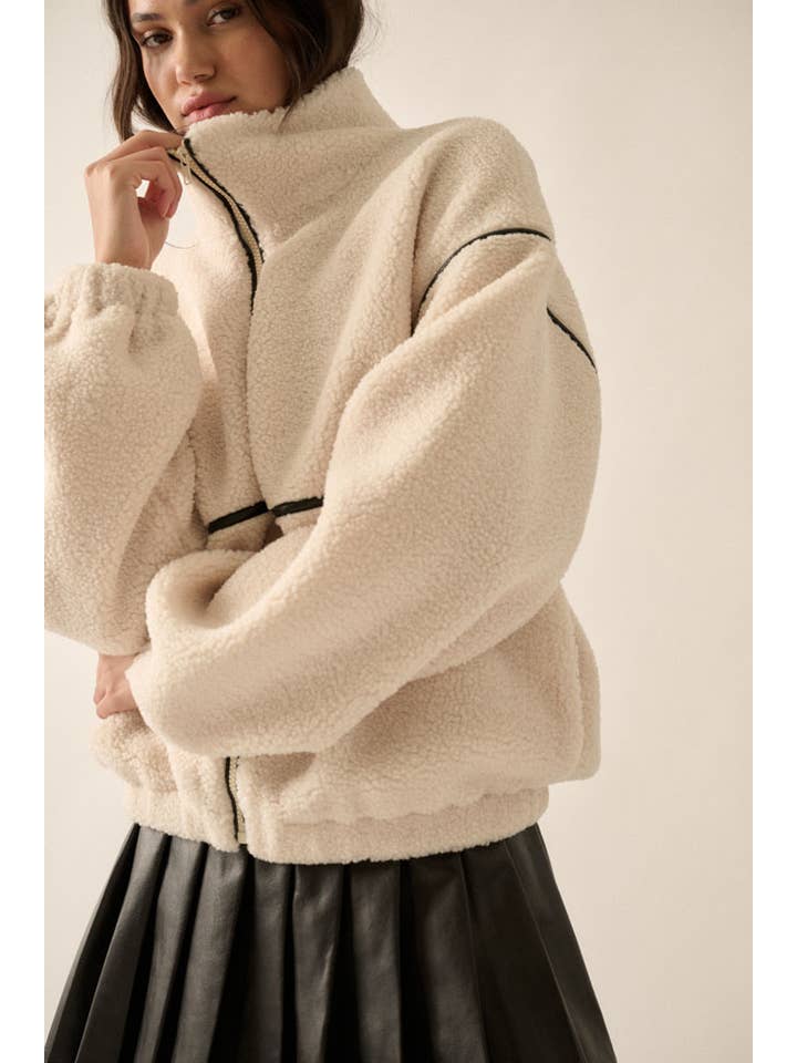 Promesa USA - Wholesale Fleece - Women's - Faux Leather-Trimmed Sherpa Fleece Zip-Up Jacket
