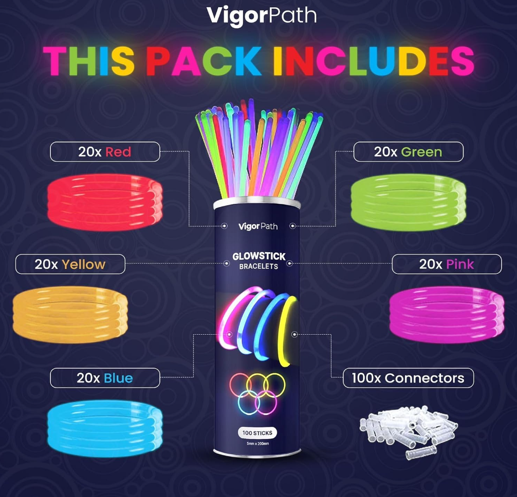Vigor Path - Wholesale Toy Set - Kids - Set of 100' Luminous Sticks - 8" Glowsticks for Bracelets2