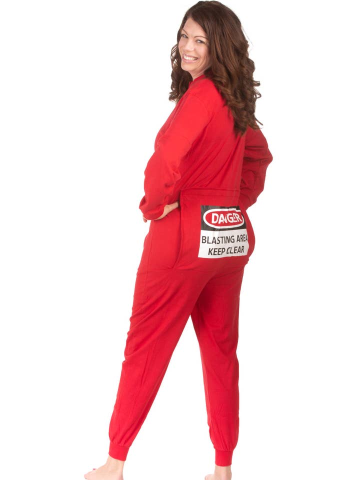 Big Feet Pajamas - Vendita all'ingrosso Tutina - Unisex - Costume rosso Union con patta divertente «Danger Blasting Area»5