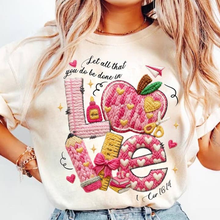 Faux Yarn Valentine Teacher Tee, Love School Pencil Sweater for wholesale by DLT Ecommerce