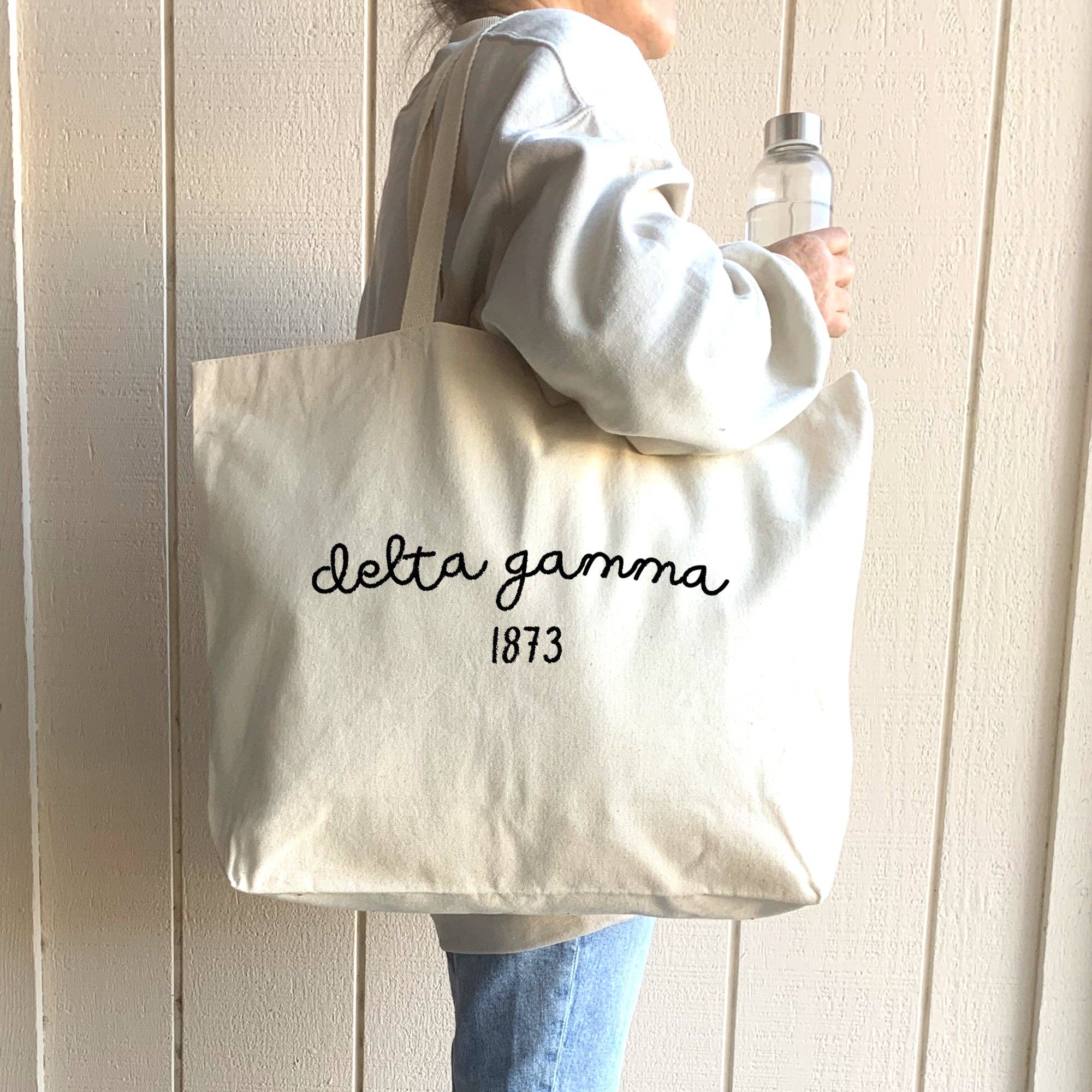 Natural Sorority Name and Founding Date Printed on a Canvas Tote Bag for wholesale on Faire16