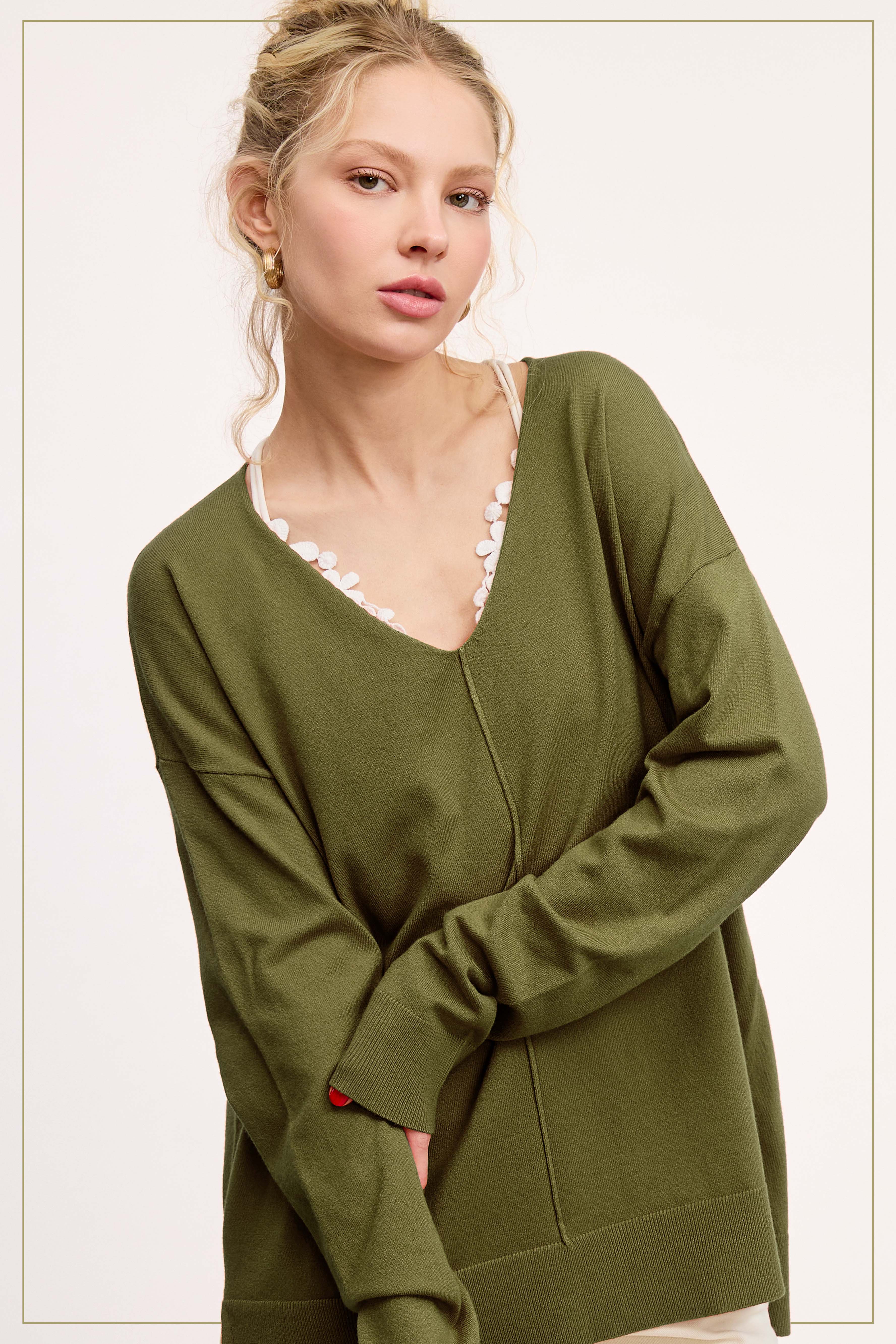 La Miel - Wholesale Knit Sweater - Women's - JBS3122-Stretchy V-neck Long Sleeve Lightweight Knit Top22
