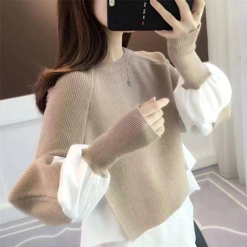UZ Wholesale Store - Wholesale Knit Sweater - Women's - Long Sleeve Crewneck Patchwork Fake-Two Pullover Sweater7