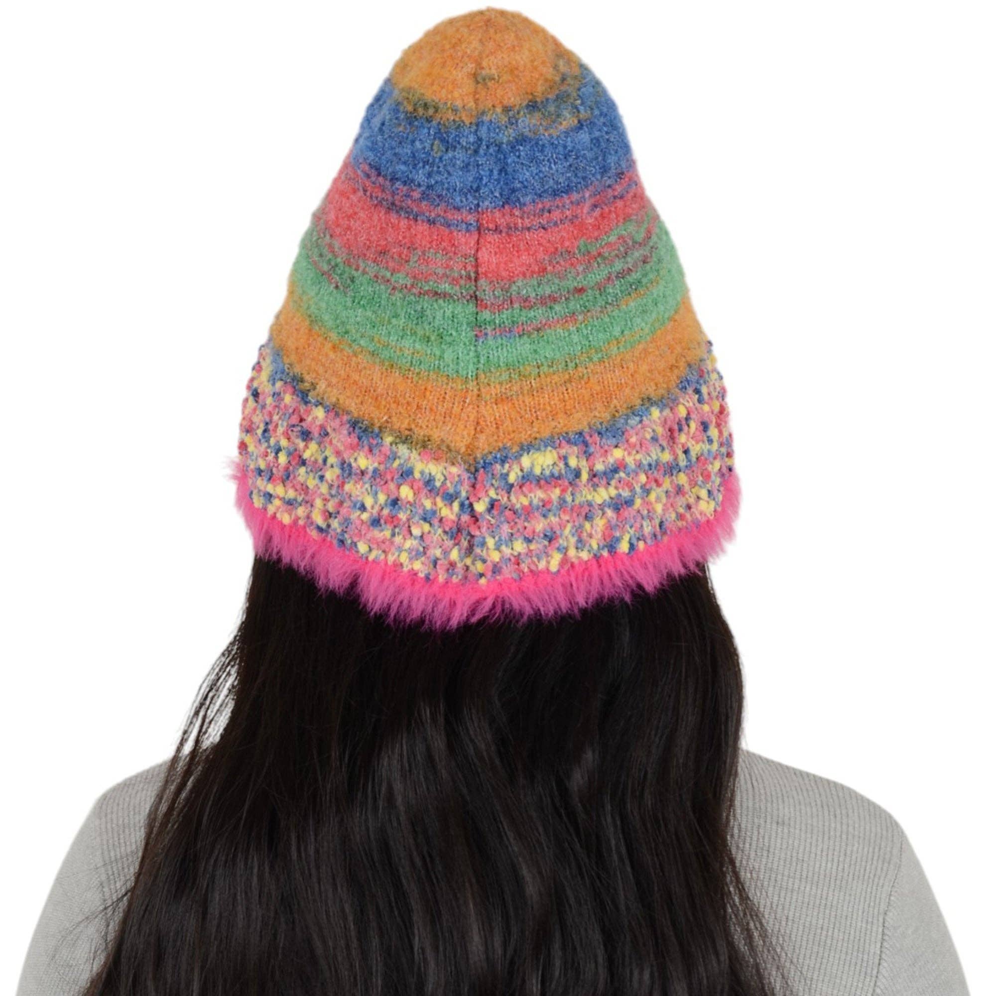 AK Brand – wholesale Bucket hat – Women's – Colorful Striped Knit Bucket Hat Fluffy Winter Fisherman Hat2