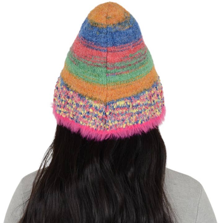 AK Brand – wholesale Bucket hat – Women's – Colorful Striped Knit Bucket Hat Fluffy Winter Fisherman Hat2
