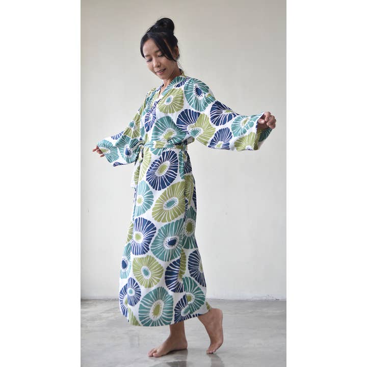 Kimono Robe Rayon | Retro Flower Green Blue for wholesale by Balizen Direct from Bali