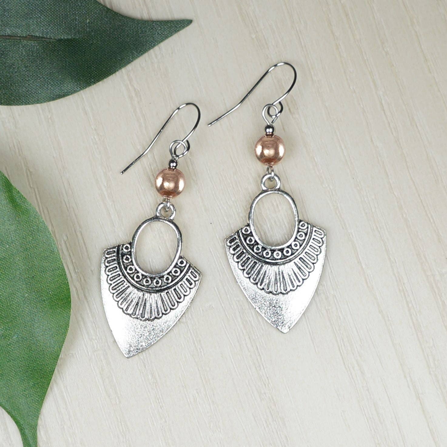 Jewelry by Dawn - Wholesale Dangle Earrings - Ethnic Antique Silver and Rose Gold Boho Dangle Earrings, Minimalist Everyday Silver Tribal, Platinum Ear Wires0
