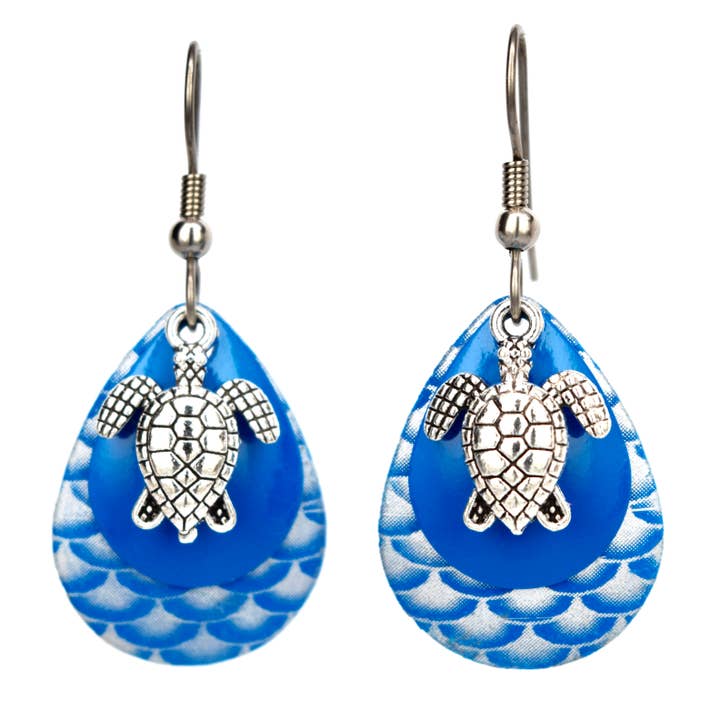 Med. Blue Scale Triple Turtle Earrings for wholesale by Eye Catching Jewelry