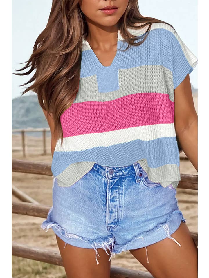 fashionworks - Wholesale Knit Top - Women's - Fashion-W Color Block Notch V Neck Sweater T Shirt*S-4X