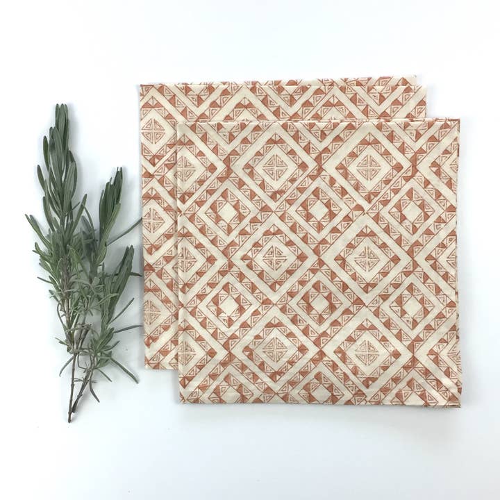 Napkin in Hand Block Printed Organic Cotton - Amber Triangle for wholesale by Mehera Shaw