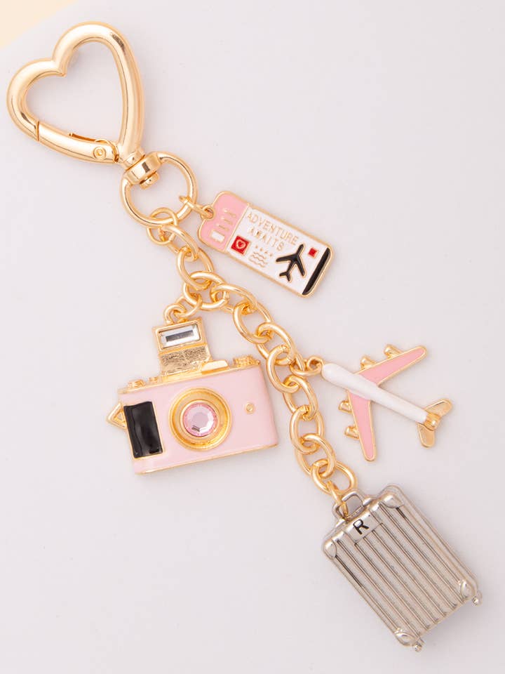 Travel-Themed Bag Charm Keychain with Heart Clasp for wholesale by SP Sophia Collection