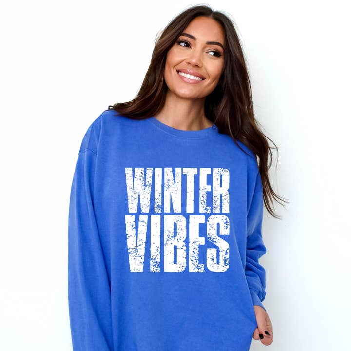 Winter Vibes Block Distressed Garment Dyed Sweatshirt for wholesale by Olive And Ivory Wholesale