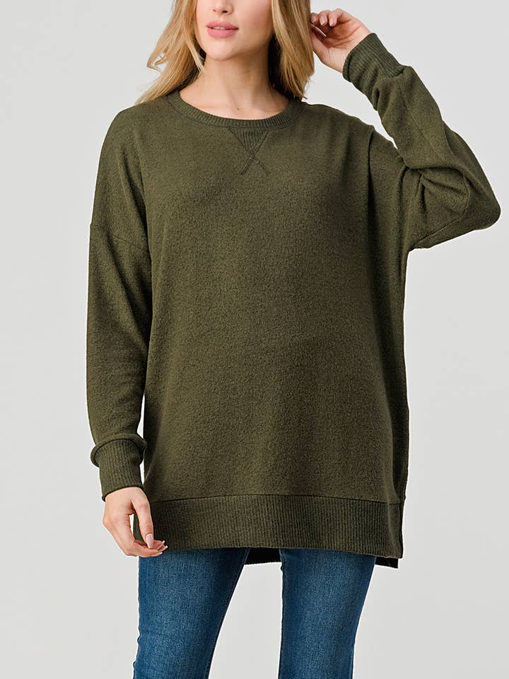 Långärmad rund hals lös passform borstad stickad topp, T660 för wholesale av Heimious