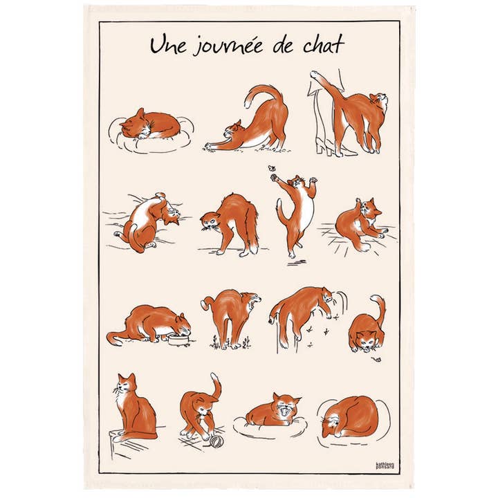 Ecru Cat Day Print Tea Towel 48 X 72 for wholesale by Maison Vivaraise & La Cerise sur le Gâteau