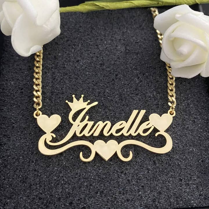 Custom 18k Gold Medical Grade Stainless Steel Name Plate w/Matching 18In. Cuban Link Chain for wholesale by Facetreasures Boutique