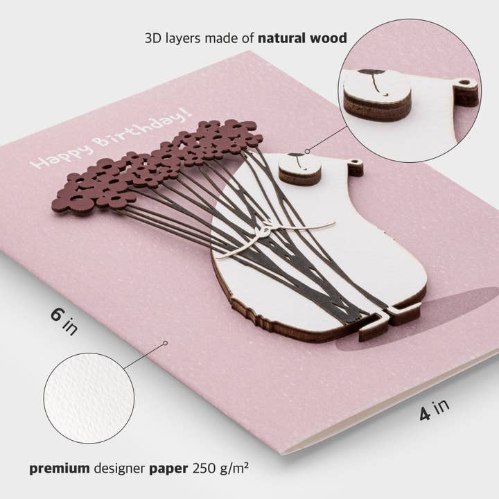 PESKOVOI - Wholesale Birthday Card - Wooden Bear Birthday Card with Flower Bouquet – 3D Handmade2