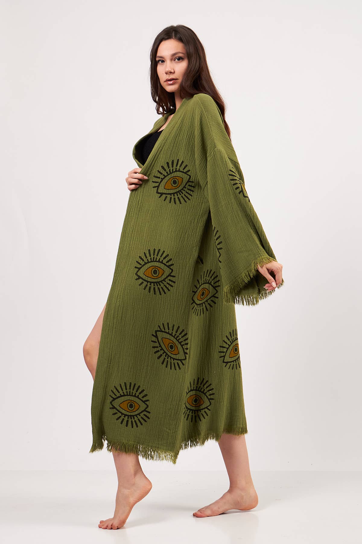 Yaz Concepts - Wholesale Kimono - Women's - Turkish Evil Eye Print Olive Green Robe Festival Kimono 10