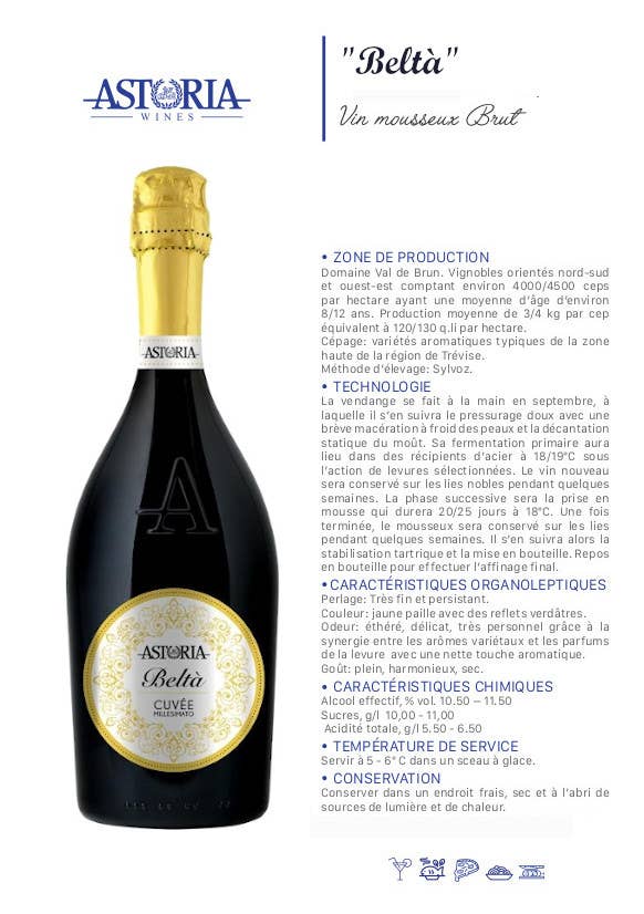 Metina SAS - Vente Champagnes/vins pétillants - Vin mousseux Brut Millesimato « Beltà » Astoria 0,75 litre6