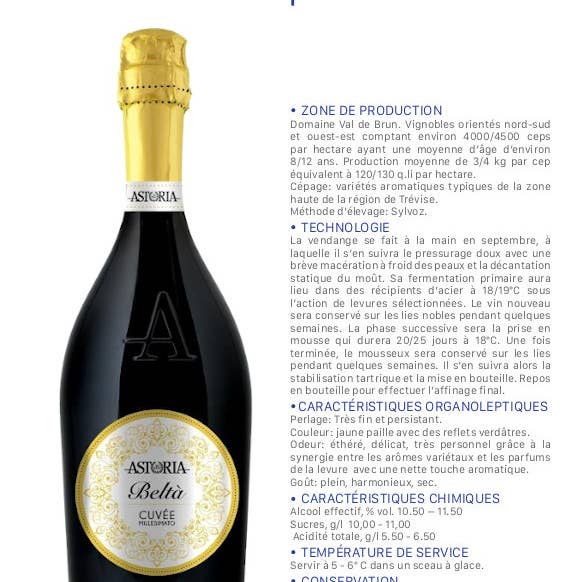 Metina SAS - Wholesale Champagne/Sparkling Wine - Sparkling Wine Brut Millesimato “Beltà” Astoria 0.75 liters6