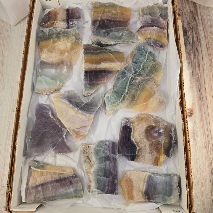 12pc Banded Fluorite Slabs ~ Bulk Polished Crystals for wholesale by Aquamarine Daydream Wholesale