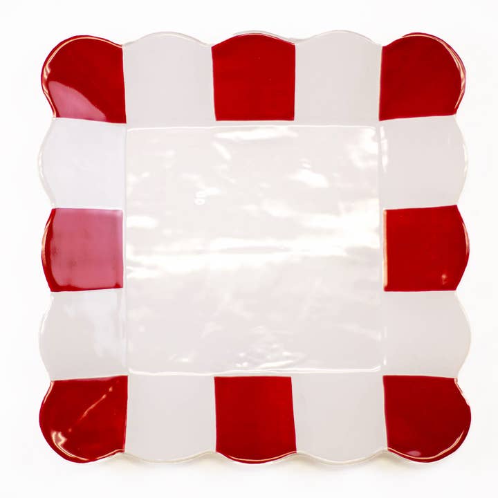 Scalloped Square Platter White/Red 11.5x11.5 for wholesale by The Royal Standard