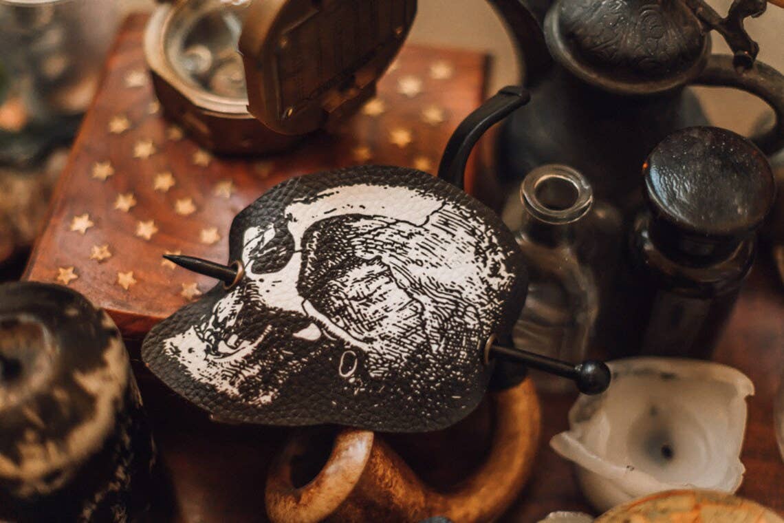 Costurero Real – Travessão para cabelo - Mulher por atacado – Crânio cabelo barrette couro vegano acessório gótico Halloween2