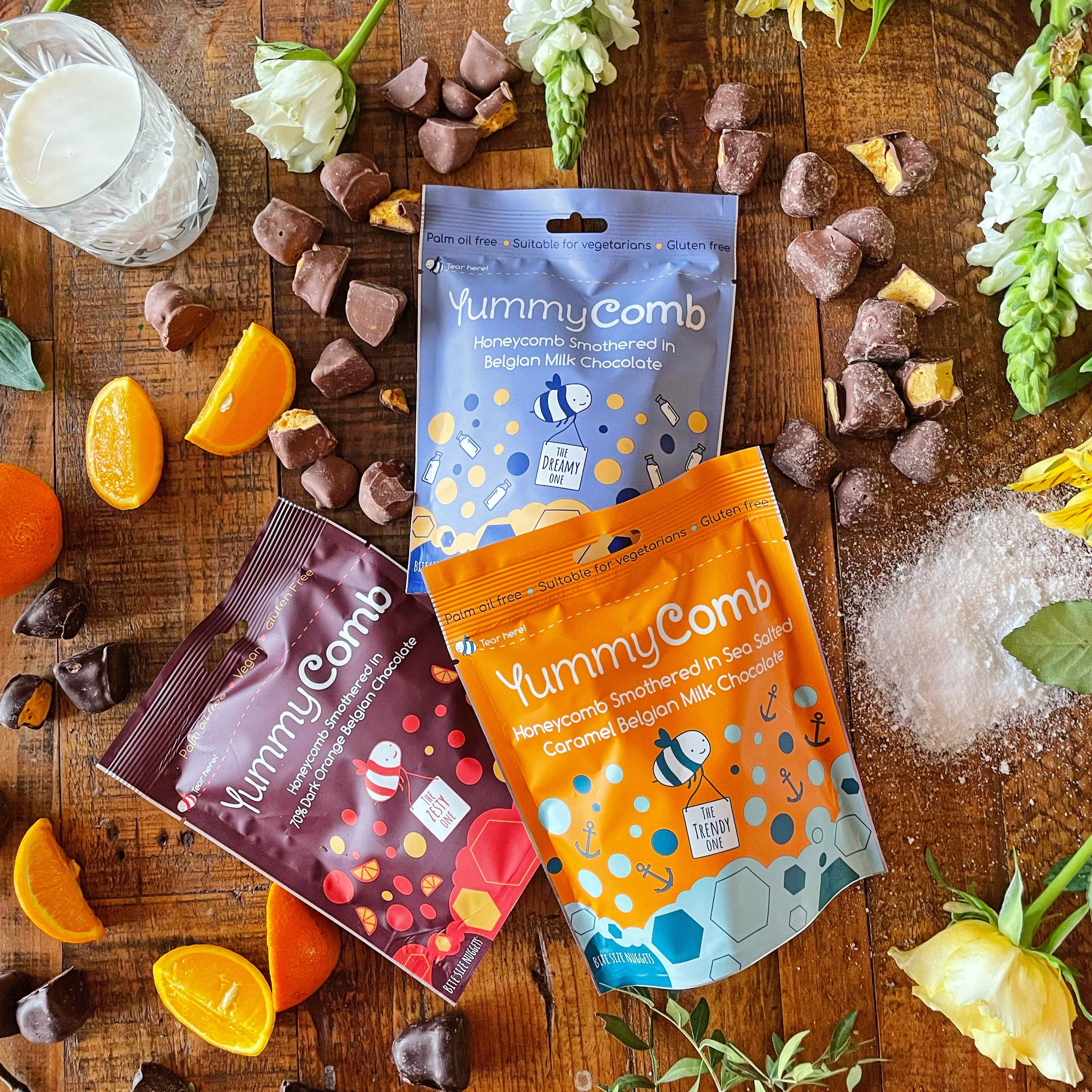 Yummycomb – wholesale Chocolate-covered sweets – 6 x Sea Salted Caramel Belgian Milk Chocolate Honeycomb pouc8