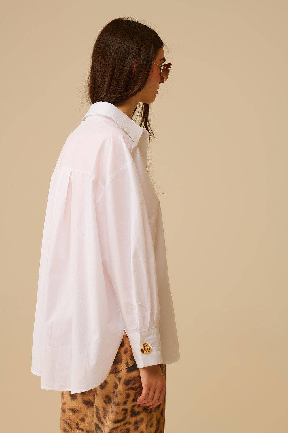 White Oversized Blouse with Gold Heart Buttons for wholesale on Faire5