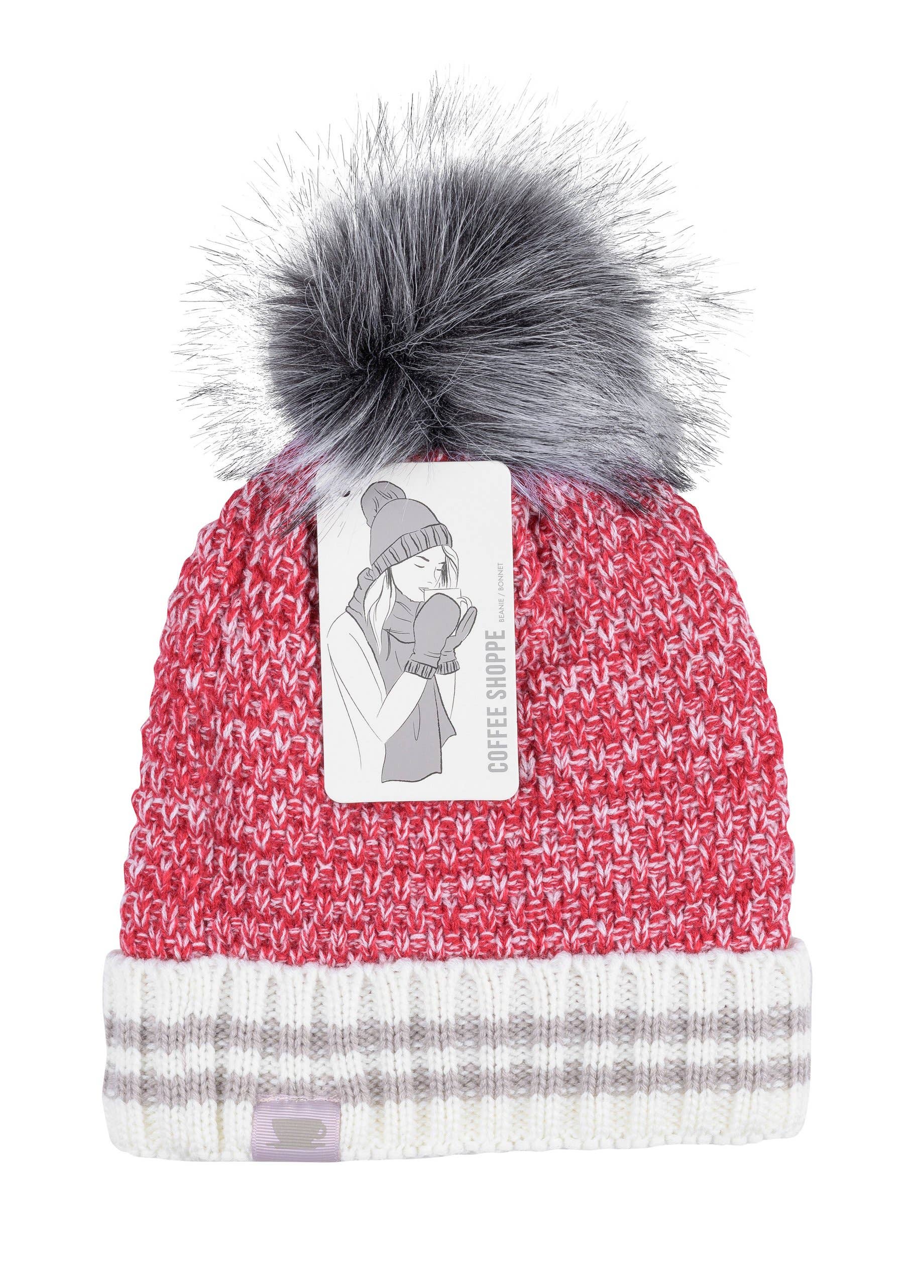 Deep Red Canadiana Beanie by Coffee Shoppe - Faux Fur Pom-Pom for wholesale on Faire1