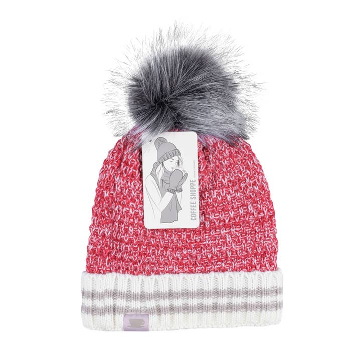 Deep Red Canadiana Beanie by Coffee Shoppe - Faux Fur Pom-Pom for wholesale on Faire1