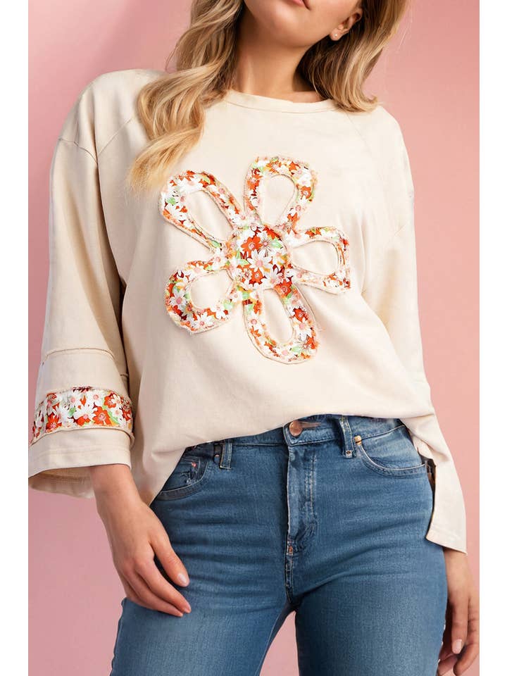Beige Plus Size Flower Patched Side Slits Crewneck Top (S-4X) for wholesale on Faire2
