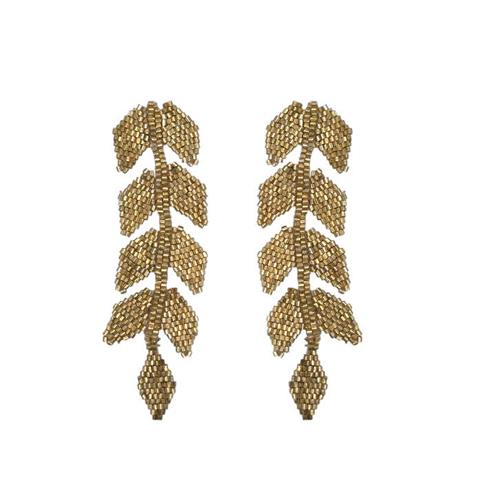 Gold Shimmer Beaded Leaf Drop Earrings for wholesale by Narratives The Line