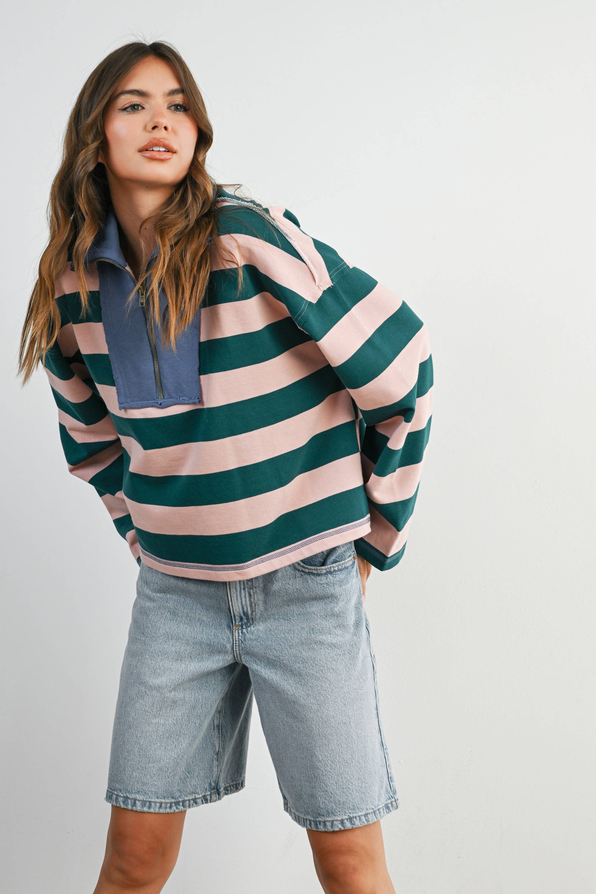 BUTTERMELON - Wholesale Sweatshirt - Women's - Striped Quarter-Zip Contrast Collar Sweatshirt - BMT797429
