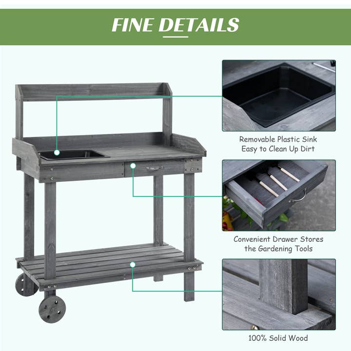 39F Inc. - Wholesale Outdoor Ornament/Decor - 36in Gray Wooden Potting Bench with Sink Drawer and Wheels4