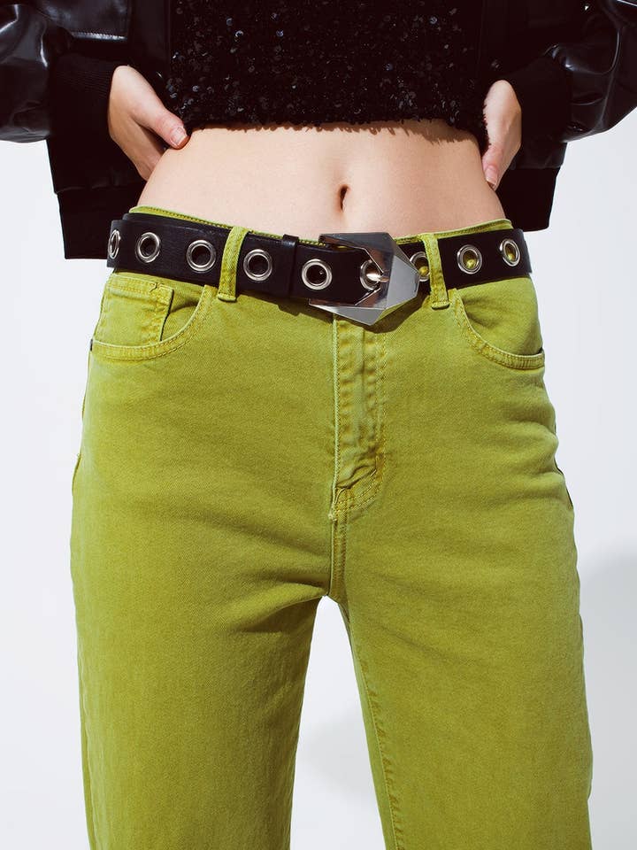 Vert Jean droit à ourlet court en denim stretch vert olive en vente sur Faire4