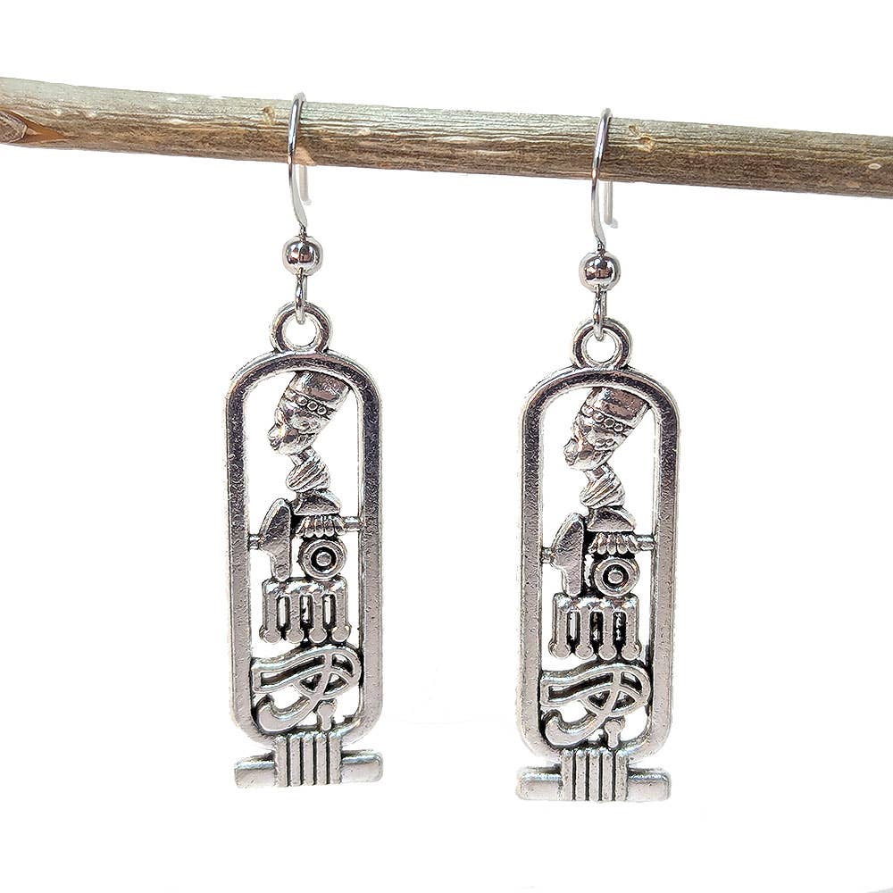 Stylish Jewelry Supply - Wholesale Dangle Earrings - Antique Silver Egyptian Queen Nefertiti Hieroglyphics Earrings2