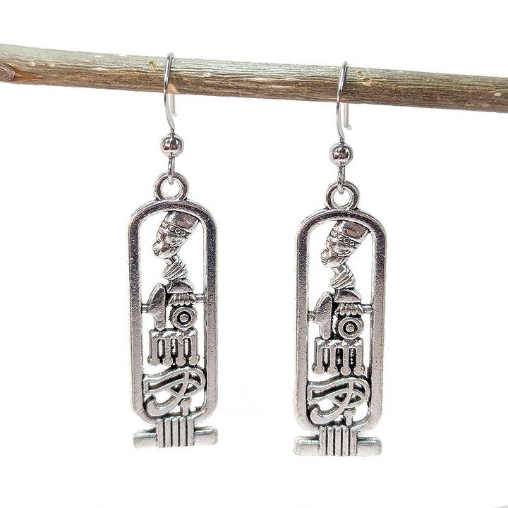 Stylish Jewelry Supply - Wholesale Dangle Earrings - Antique Silver Egyptian Queen Nefertiti Hieroglyphics Earrings2