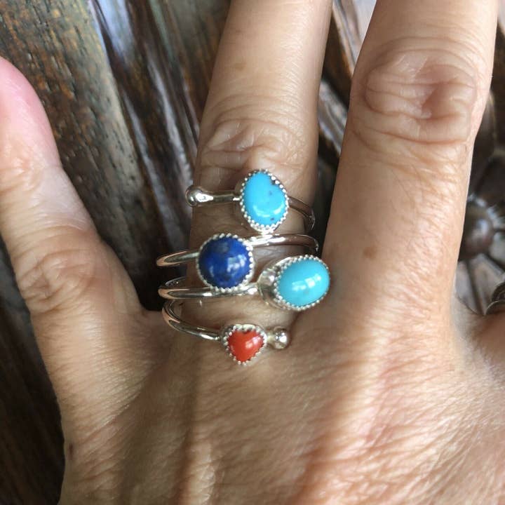 Nizhonitradersllc - Wholesale Cocktail/Statement Ring - Navajo Turquoise, Lapis and Coral Sterling Silver ring