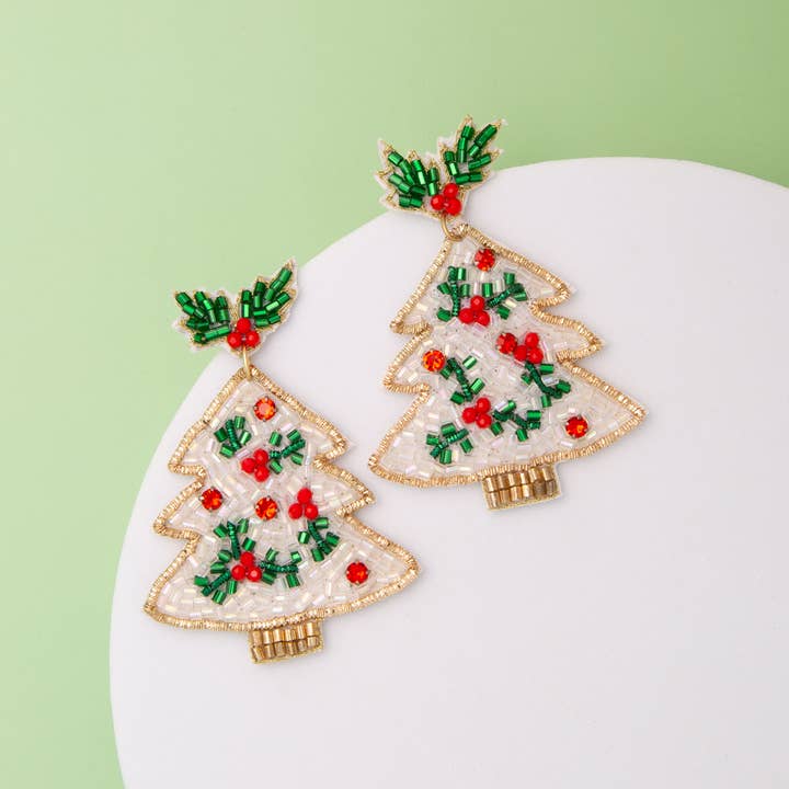 SP Sophia Collection - Wholesale Dangle Earrings - Crystal Seed Bead Embellished Christmas Tree Dangle Earrings