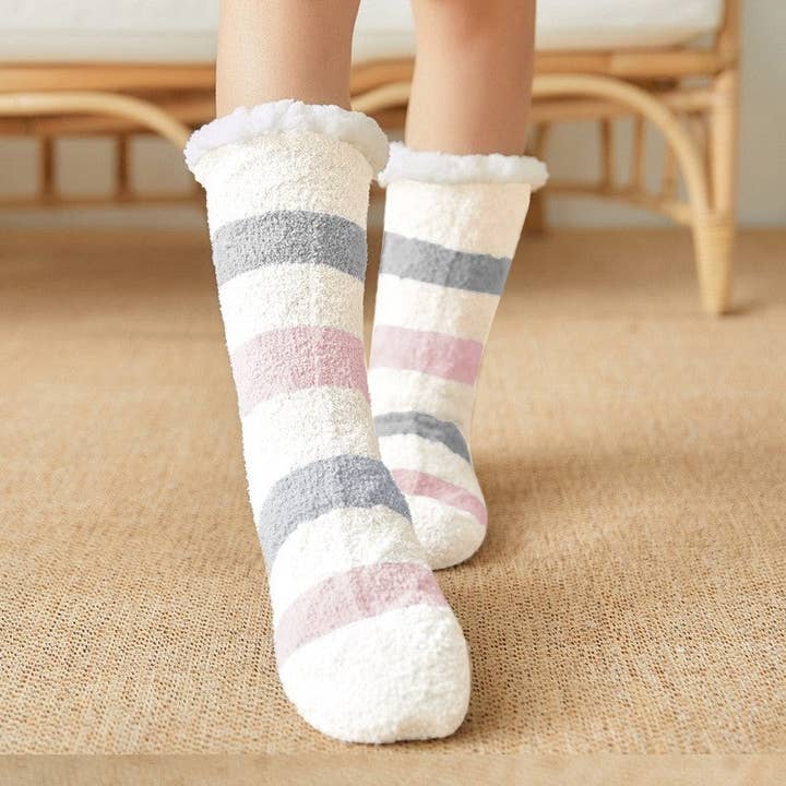 UZ Wholesale Store - Wholesale Socks – Women's - Adults Contrast Color Striped Coral Fleece Warm Non-Slip Sleep Floor Socks