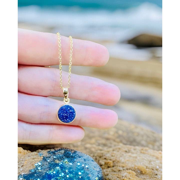 Sparkling And Delightful Aqua Blue Topaz Druzy Necklace // Blue Gemstone 24K Gold Plated // Wire Wrapped Jewelry // Made In Hawaii With Love for wholesale by Treehouse Jewelry Hawaii