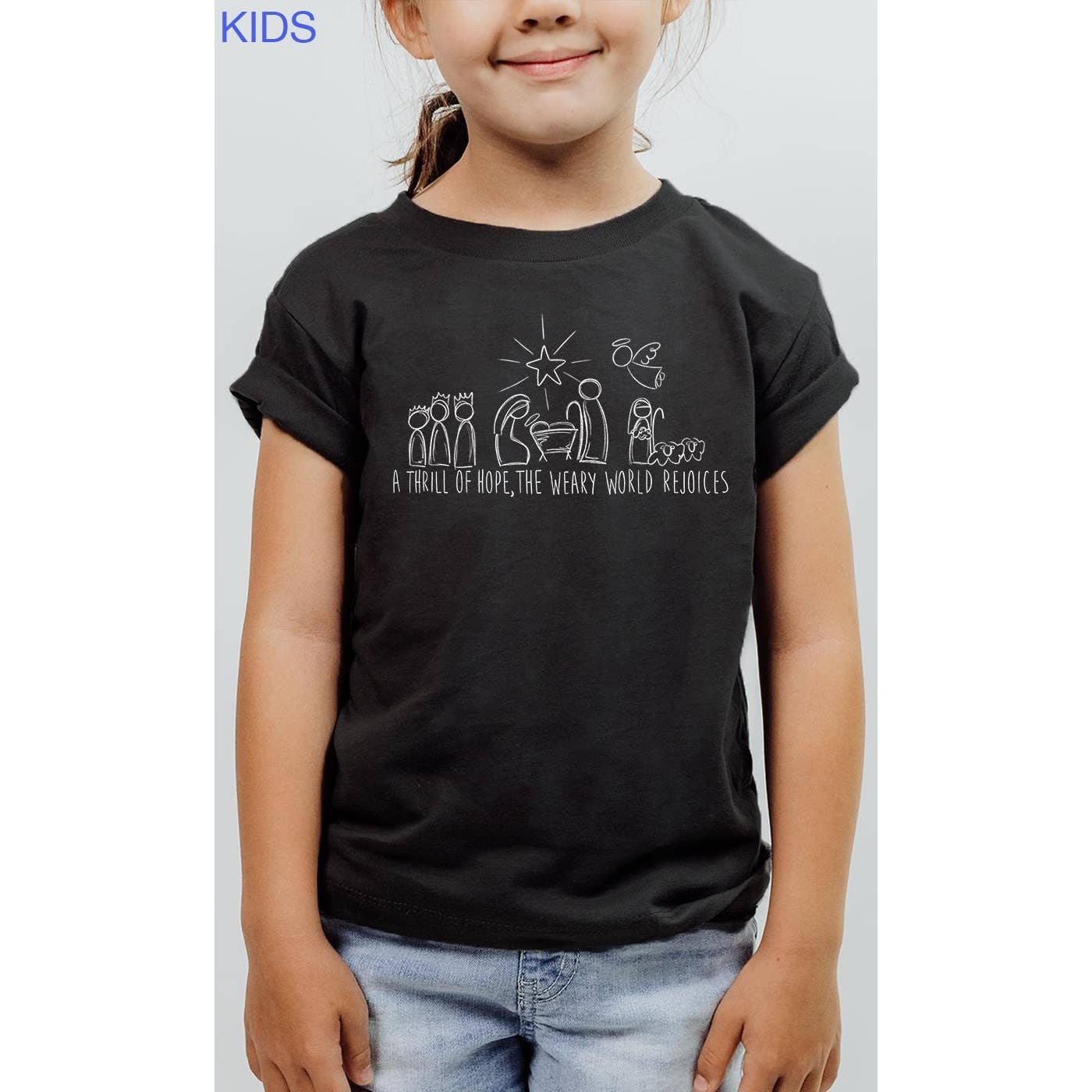 Kids By Kissed Apparel - Vendita all'ingrosso Maglietta serigrafata - Bambini - Maglietta grafica per bambini Nativity Scene The World Rejoices0