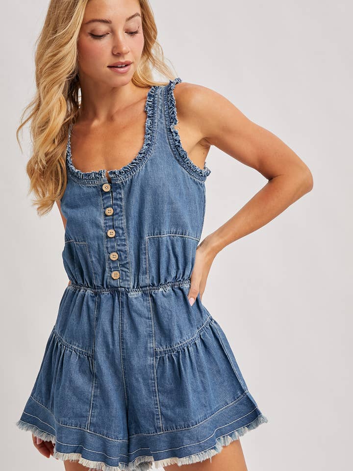 Bluivy - Wholesale Romper - Women's - BUTTON FRONT SCOOP NECK RUFFLED DENIM ROMPER12