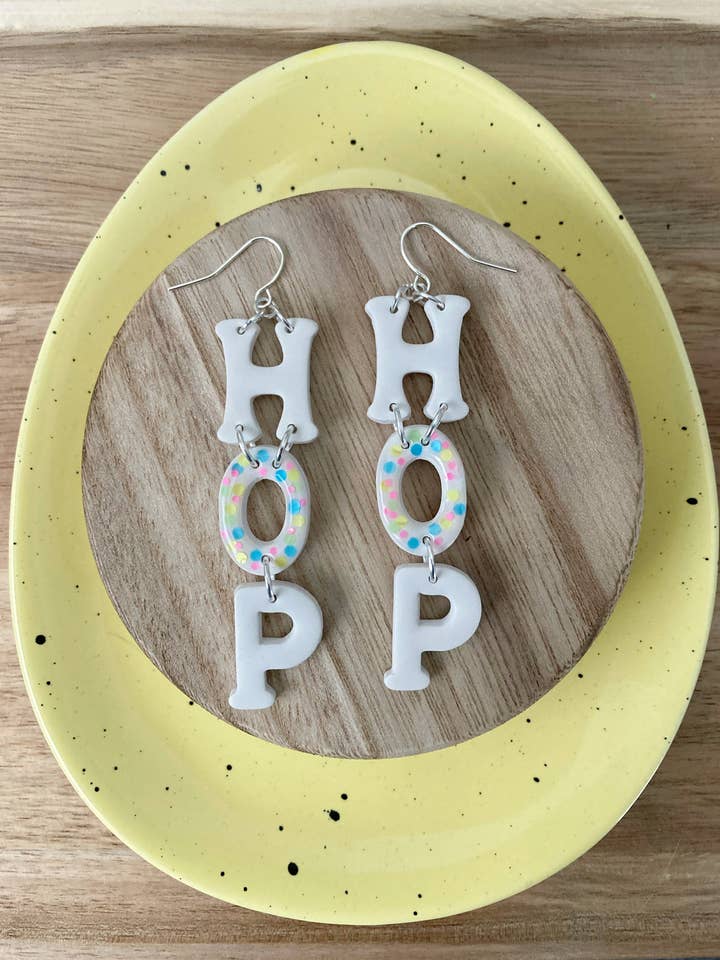 “H-O-P” polymer clay earrings for wholesale by KLA Designs