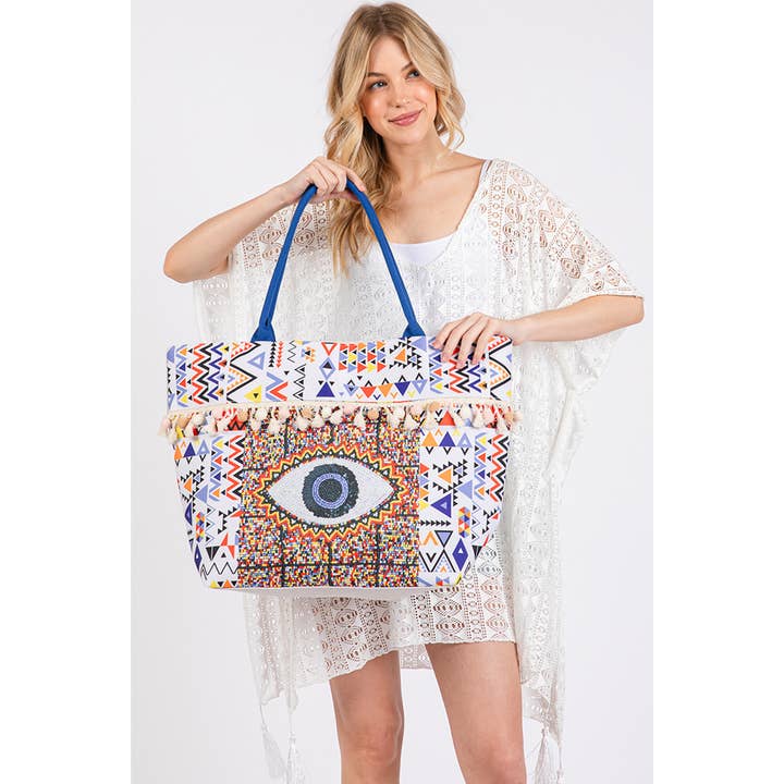 Hana - Wholesale Tote Bag - Women's - Evil Eye Boho Print Pom Pom Tassel Summer Tote Bag