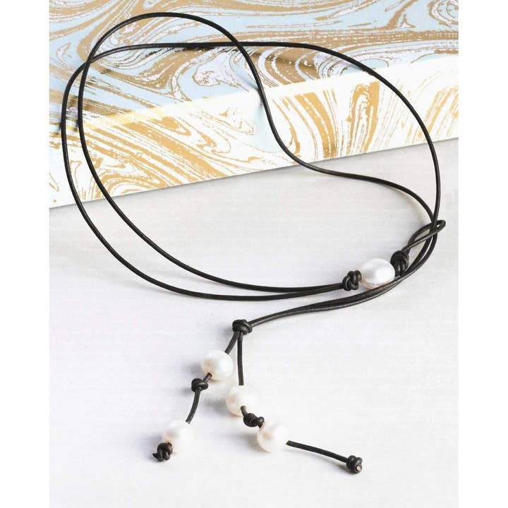 Leather Pearl Lariat Necklace for wholesale by The Rustic Boho Chic
