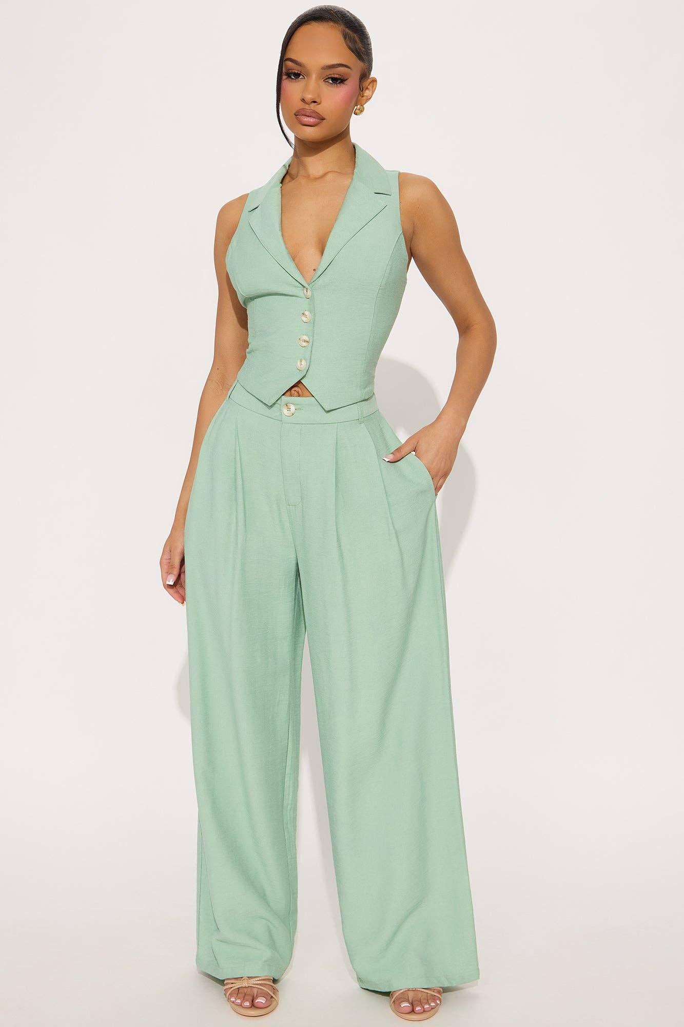 5besties inc - Wholesale Top & Pant Set (NOT Loungewear) - Women's - BUTTON DOWN COLLARED VEST AND WIDE LEG PANTS SET